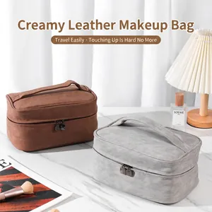 Large Capacity Makeup Bag PU Leather Portable Travel Toiletry Storage Pouch With Handle Double Zipper For Women