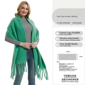 Übergroßer grüner Mohair-Stil Winterschal mit langen Fransen für Damen