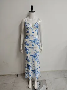Elegant white mesh mermaid dress with blue rose floral print and ruched bodycon fit