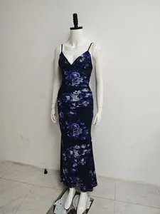 Elegant navy floral mesh camisole maxi dress with ruched waist and mermaid hem on mannequin