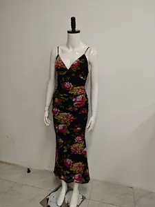 Detailed look at the floral print mesh strap maxi dress with sexy slim fit fishtail hem