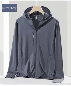 Detail view of gray men's ice silk hooded sun protection jacket with UPF 50+ rating