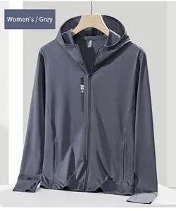 Detail view of gray ice silk hooded sun protection jacket with UPF 50+ outdoors print