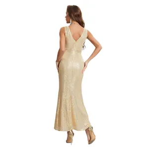 Robe de soirée élégante à paillettes dorées, col en V, coupe sirène ajustée et longue.