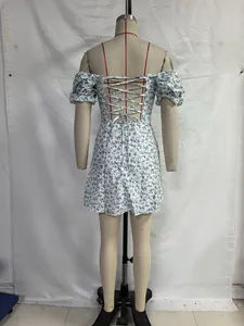 Vue arrière d'une mini-robe française à fleurs avec laçage détaillé et manches bouffantes