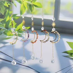 Set of 5 moon and sun crystal suncatchers with colorful healing stones for window decor