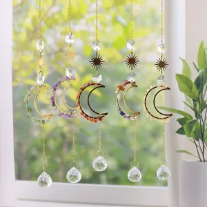Suncatcher Crystal Sun And Moon Hanging Ornament With Natural Crushed Stones Metal Chain Bohemian Home Window Decor