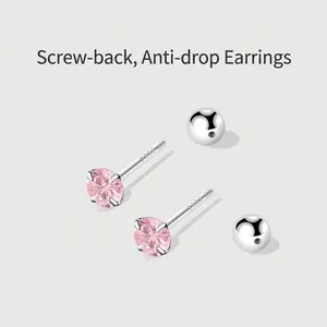 Sterling silver stud earrings with sparkling pink zircon and secure screw-back design