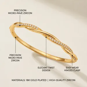 Elegant 18k gold plated twist bangle with precision micro-pave zircons for women