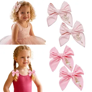Kids Embroidered Ballet Girl Rabbit Bow Hair Clips Sweet Pink Fabric Alligator Clips For Toddlers Girls Hair Accessories