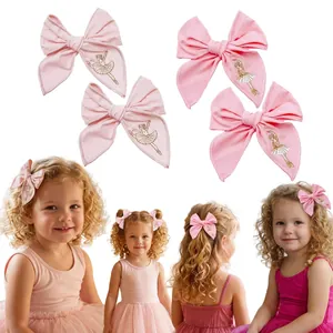 Handmade pink embroidered ballet girl bow hair clips set for young girls hair decor