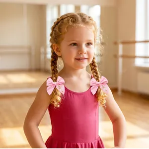 Handmade pink embroidered bow hair clips with ballet dancer design for little girls