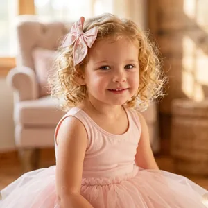Toddler girl wearing a pink handmade bow hair clip with ballet embroidery detail.