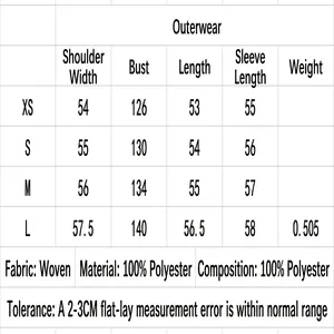 Comprehensive size guide for women's bomber jacket with shoulder and chest data