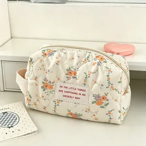 Large capacity Ins style cream apricot floral quilted cosmetic bag organizer for women