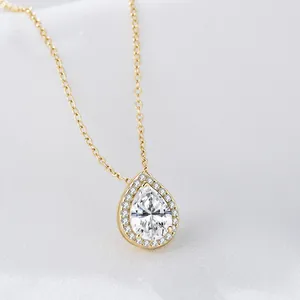 Pear Cut Cubic Zirconia Pendant Necklace 925 Sterling Silver Teardrop Halo Elegant Fashion Jewelry For Women
