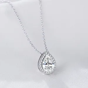 Elegant minimalist sterling silver pear-shaped zircon halo pendant necklace for women