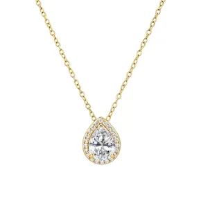 Elegant pear-shaped zircon halo pendant necklace in sterling silver with gold finish for women