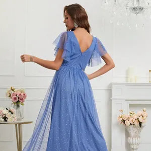 Elegant blue mesh bridesmaid dress with shimmering sequin details and flutter sleeves for parties