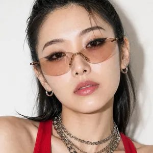 Vintage Rimless Cat Eye Sunglasses For Women Metal Frame UV400 Protection Transparent Lens Fashion Eyewear For Outdoor Party