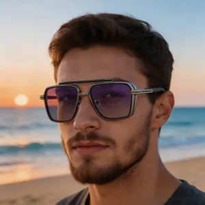 Detailed close-up of retro punk metal square sunglasses on male model at sunset beach