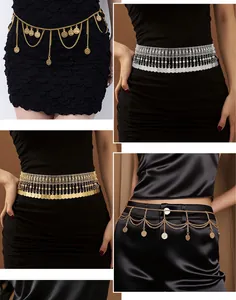 Detail view of Bohemian retro metal waist chains with hanging coins and tassels