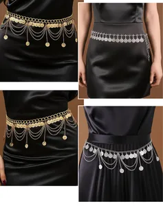 Bohemian style metal coin fringe waist chain shown in gold and silver on black dresses.