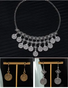 Vintage Bohemian metal coin tassel waist chain and matching earrings jewelry set