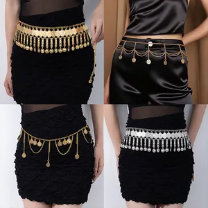 Bohemian ethnic metal waist chain with vintage coin tassels, adjustable belt for dresses