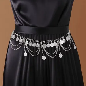 Bohemian ethnic silver coin tassel waist chain adjustable belt for dresses
