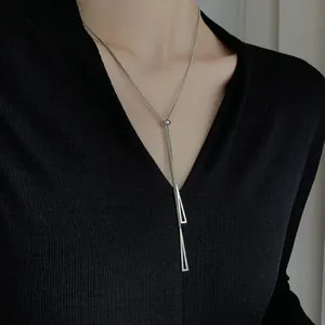 Minimalist silver stainless steel lariat necklace with double hollow triangle pendants