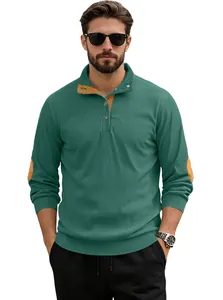 Detail view of men's green corduroy Henley sweatshirt with contrast elbow patches.