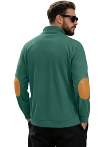 Detailed back view of men's green corduroy pullover featuring classic brown elbow patches.
