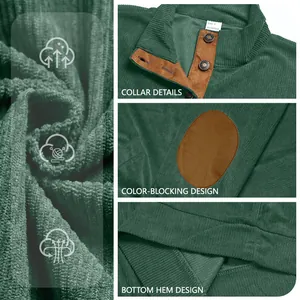 Men's casual Henley collar corduroy sweatshirt with color-blocking and elbow patches