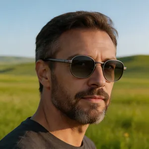 Close-up of stylish oval metal sunglasses on a male model in a natural outdoor setting