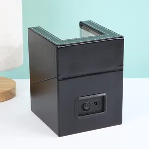 Automatic single watch winder box in premium black lychee leather with clear view window