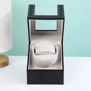 Premium automatic watch winder box in black lychee leather with clear window display