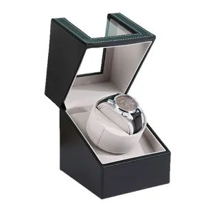 Automatic single watch winder box with black lychee pattern leather finish and clear window