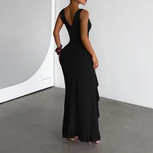 Elegant back view of a slim fit black V-neck maxi dress featuring a ruffled hemline details.