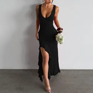 Detailed view of elegant black V-neck maxi dress with ruffled high slit and slim fit