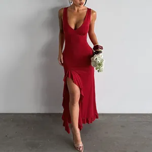 Elegant red V-neck dress with ruffled high-slit hem, slim fit detail for 2024 summer season