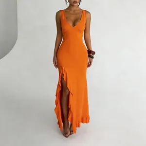 Sexy orange V-neck maxi dress featuring elegant ruffles and a stylish side slit