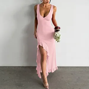 Elegant pink V-neck sleeveless maxi dress with high slit and ruffle hem for women