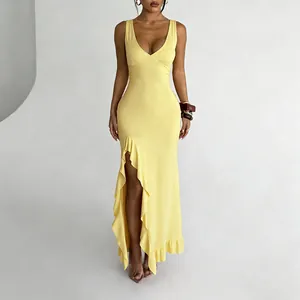 Sexy yellow V-neck sleeveless maxi dress featuring a high ruffled slit and slim fit silhouette