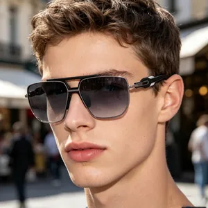 Close-up of men's square fashion sunglasses with gradient lenses and double bridge.