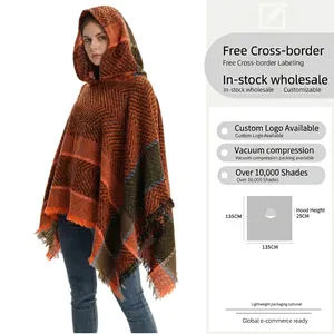 Women's orange and brown fishbone pattern hooded knit poncho cape for autumn and winter wear