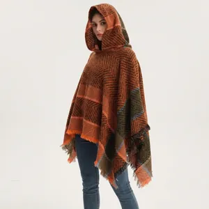 Women's orange and brown fishbone pattern hooded knit poncho cape for autumn and winter wear