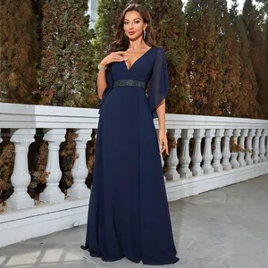 Elegant V-Neck Navy Blue Evening Gown Women Summer Chiffon Maxi Dress Beaded Belt Formal Wedding Party Banquet Dress
