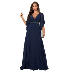 Elegant navy blue V-neck chiffon evening gown for formal occasions long length dress