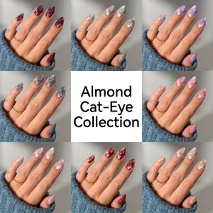 Macro view of multi-color almond cat-eye press-on nails with magnetic shimmer